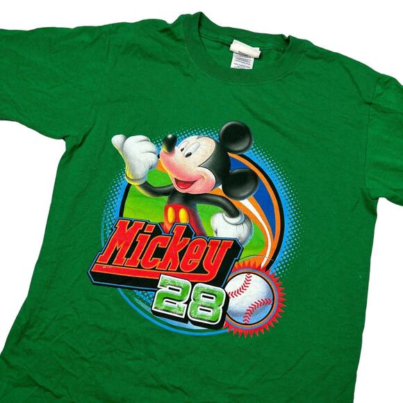 World of Disney Y2K Mickey Mouse 28 Baseball Graphic T-Shirt Green Youth Large - Picture 3 of 5
